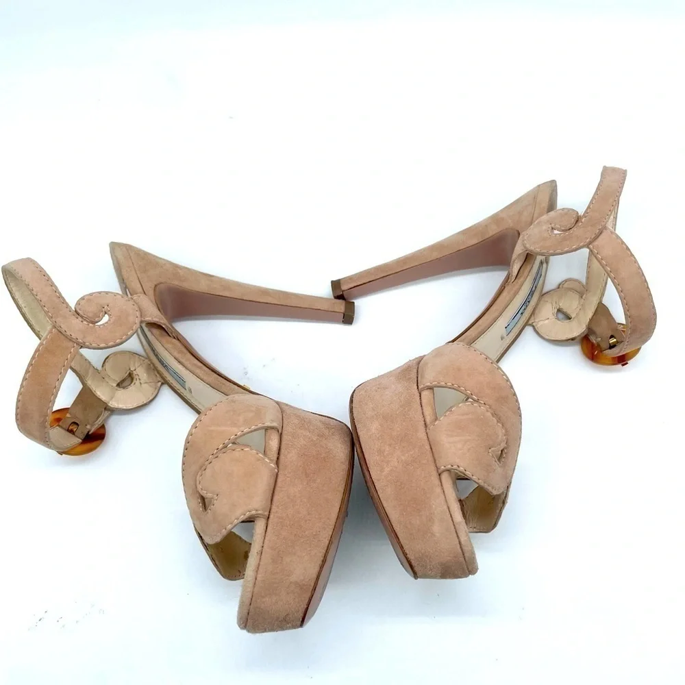 Prada Beige/ Tan Suede leather platform strappy ankle strap sandals heels 37